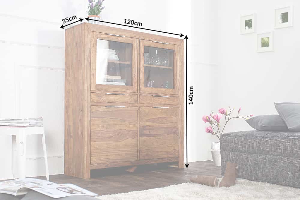 Massives Highboard PURE 140cm braun Sheesham stone finish Vitrine Palisander