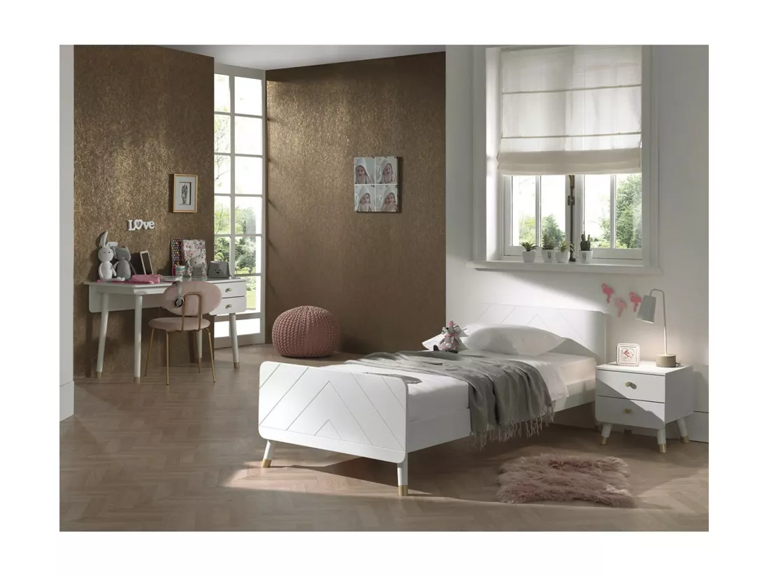 TINY WHITE - Lit 90x200cm + Chevet 2 Tiroirs + Bureau