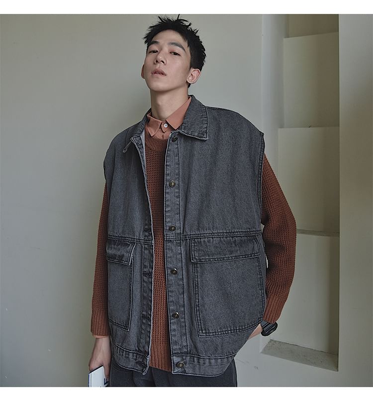 WidoWilder - Gewassen denim vest met kraag en knopen