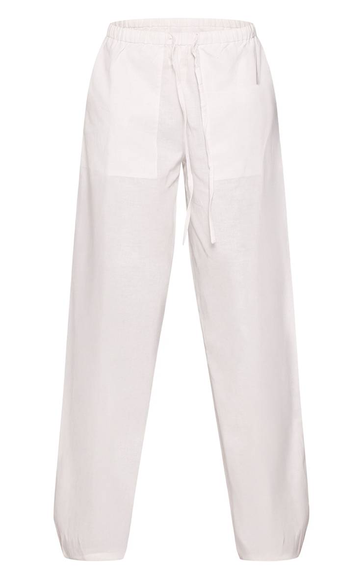 Blanc Pantalon Long En Lin À Taille Coulissée