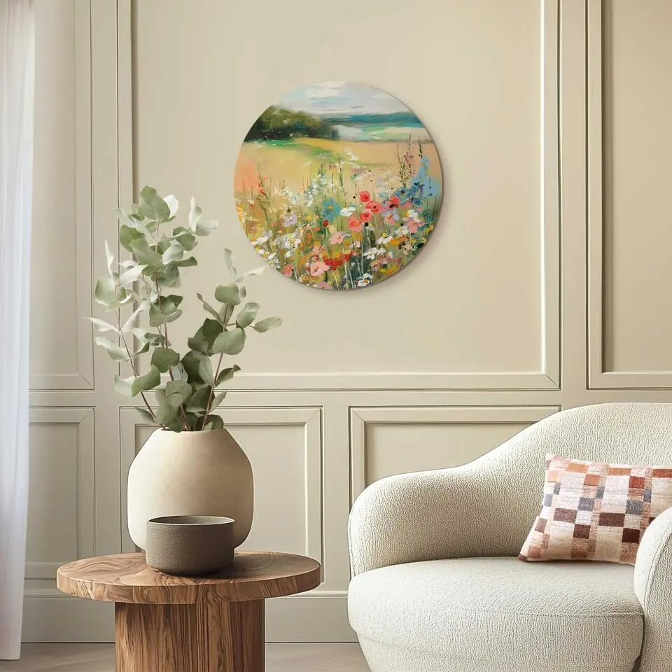 Glasschilderij Zomers strand - Ø 50cm - Beige