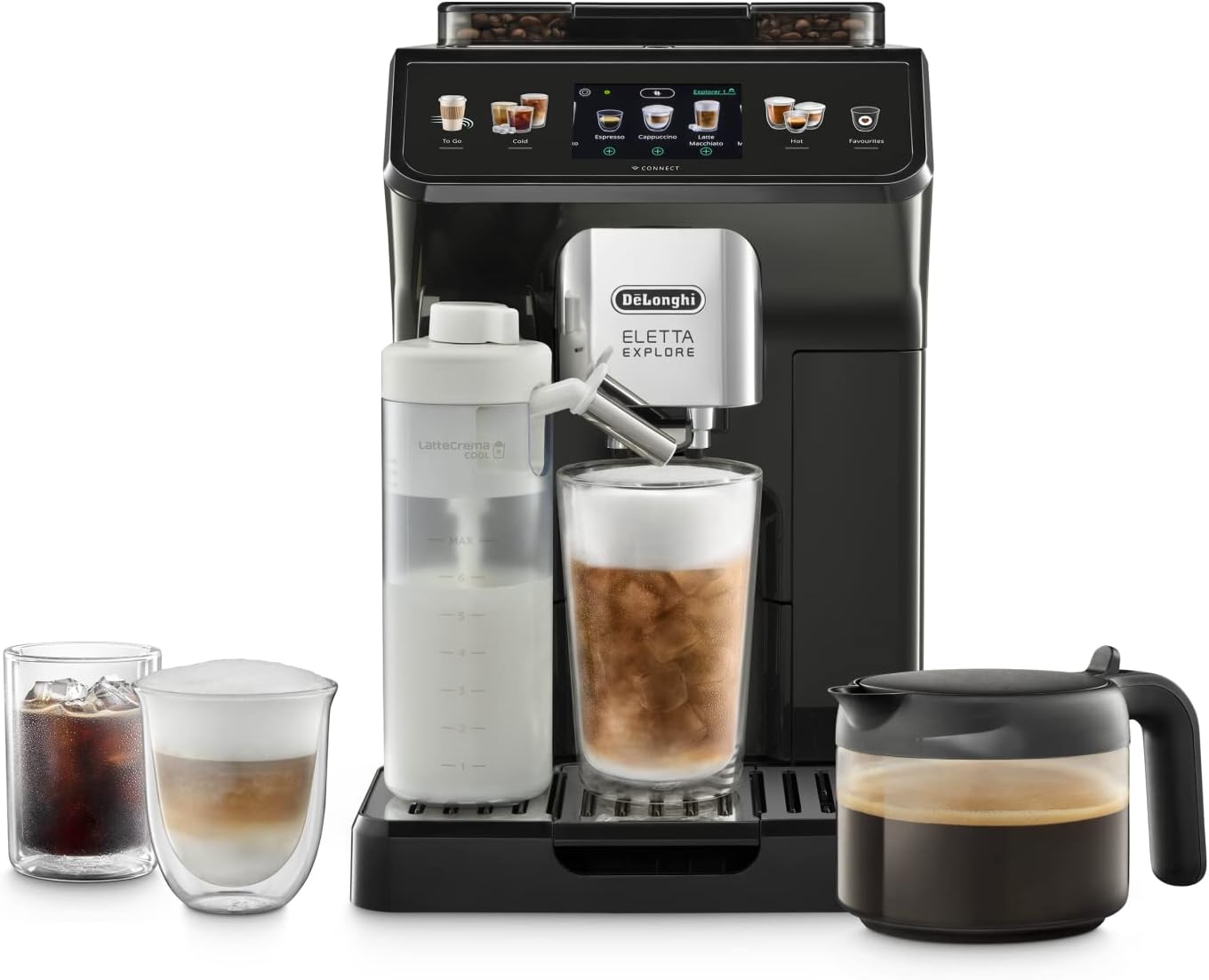 De'Longhi Eletta Explore Cold Brew ECAM452.67.G, Machine à Café Barista avec LatteCrema Hot and Cool, Machine à Espresso, Machine à Café Automatique, Extraction Froide, Pot à Café Inclus, Gris Foncé