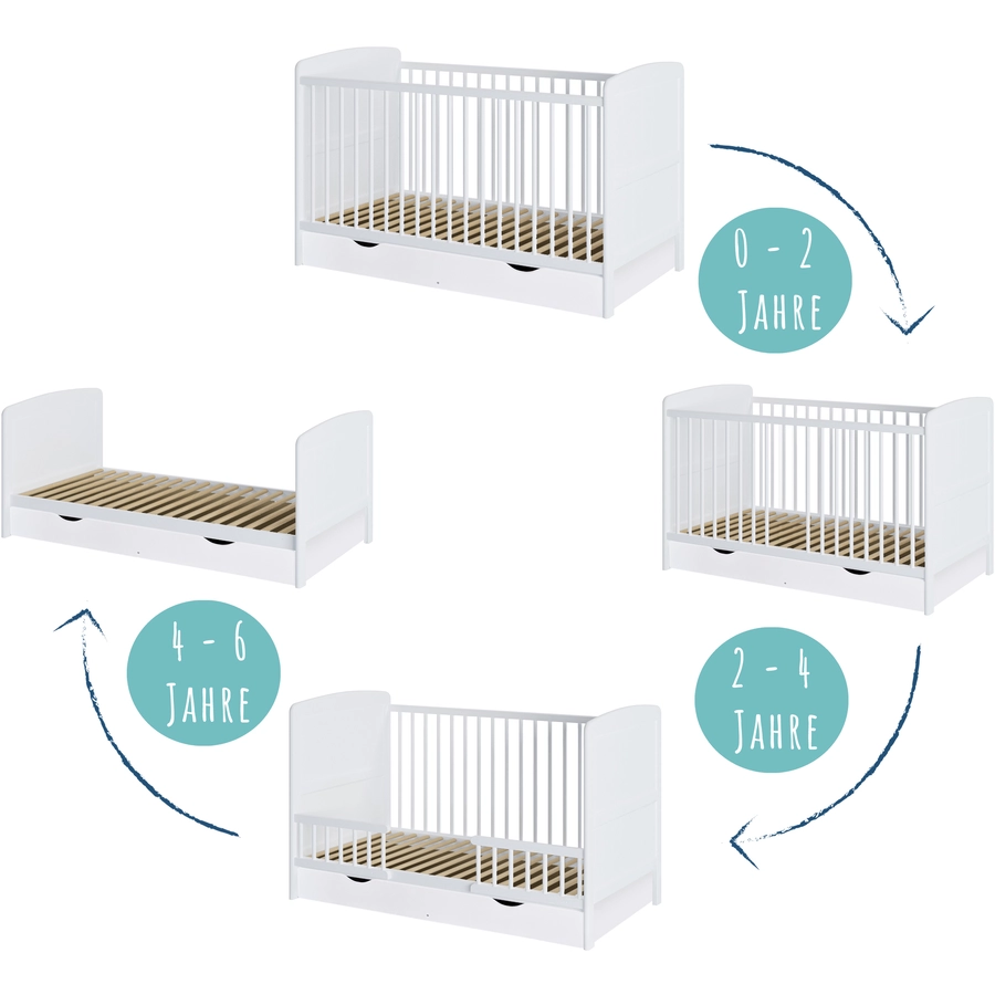 Kids Collective Babybett 70x140 Umbaubares Gitterbett höhenverstellbar & herausnehmbare Sprossen weiß mit Schublade