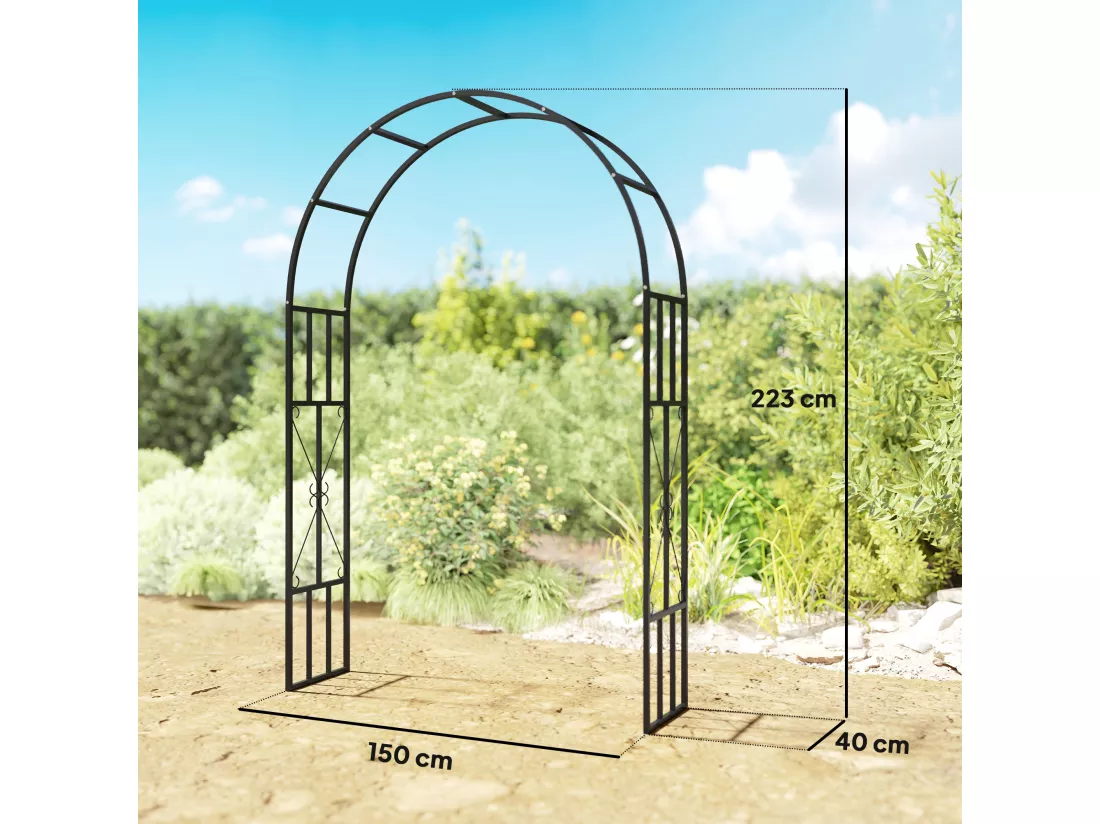Arche de jardin arche à rosiers style fer forgé dim. 150L x 40l x 223H cm métal époxy noir