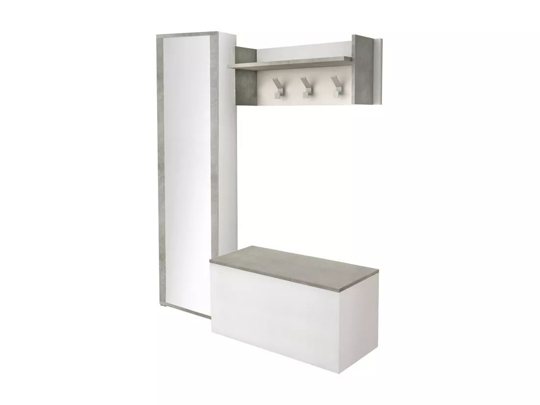 Meuble d'entrée Djohnse, Entrée moderne avec portemanteau, Meuble avec étagère à chaussures, Meuble avec miroir, 50x32h182 cm, Blanc et Ciment
