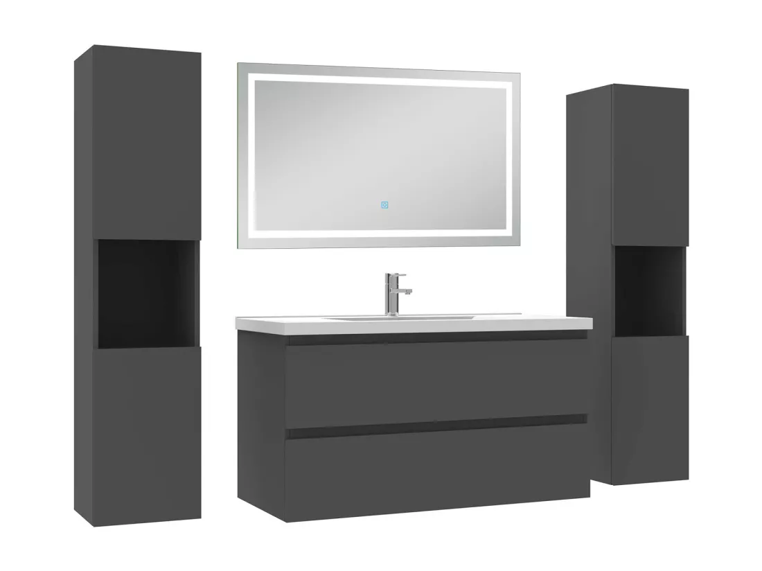 Ensemble meubles Salle de Bain 100cm avec colonne et miroir lumineux 3 couleurs et dimmable Anthracite