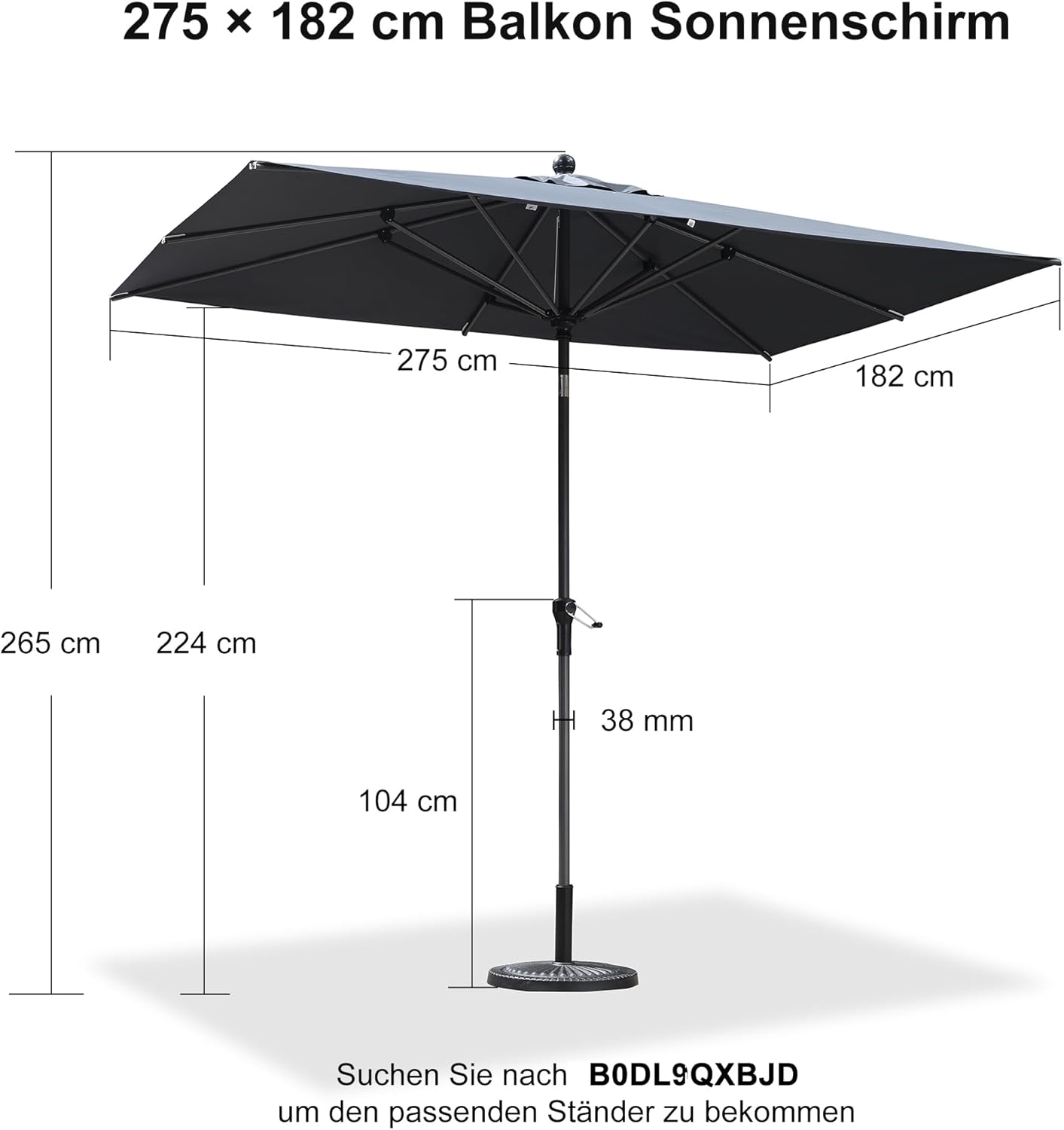 PURPLE LEAF Alu Sonnenschirm mit Schirmständer 270 x 180 cm Balkonschirm Rechteckig Gartenschirm Marktschirm Sonnenschutz für Schwimmbäder, Terrasse, Grau