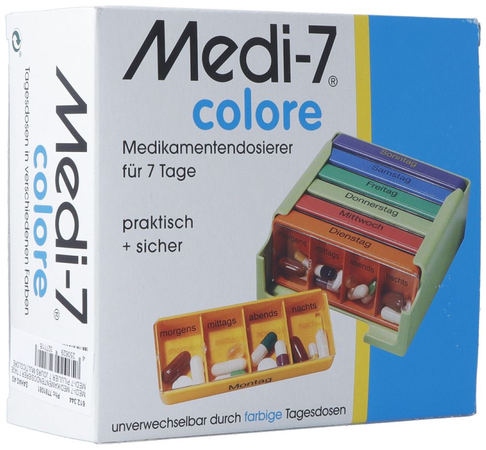 SAHAG Medi-7 Medikamentendosierer 7 Tage 4 Fächer pro Tag<br>1 Stück, bunt deutsch
