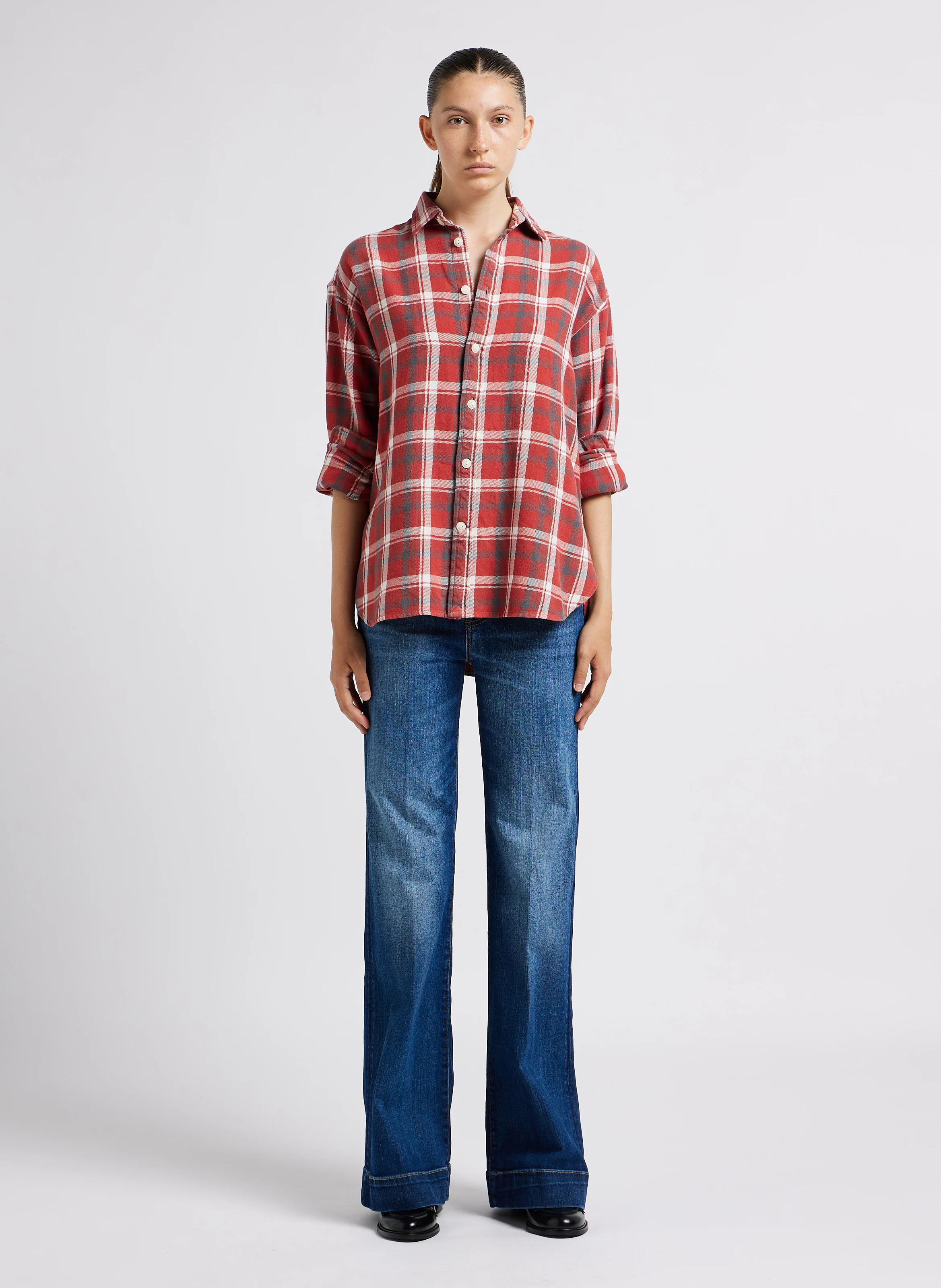 Chemise col classique à carreaux en coton | Rouge