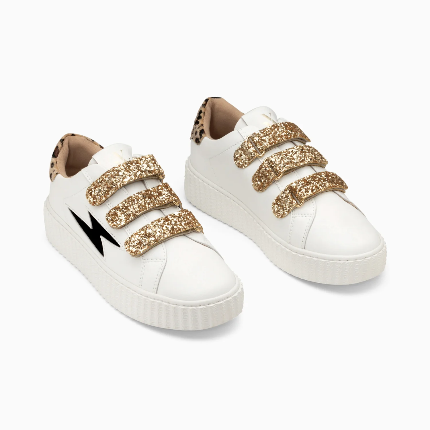 Sneakers-Baskets éclair Angela blanc et zèbre à scratchs or