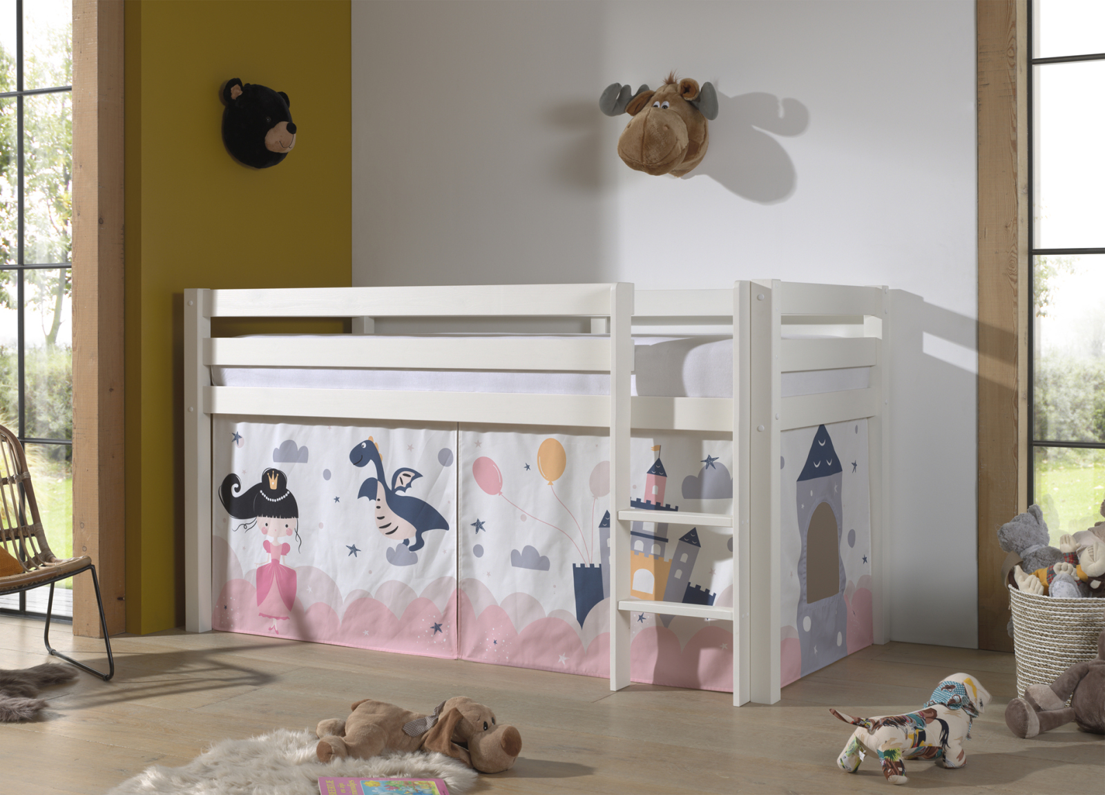 Halbhochbett PINO - PRINCESS SOPHIE - Kiefer weiß Massivholz - 90x200 cm