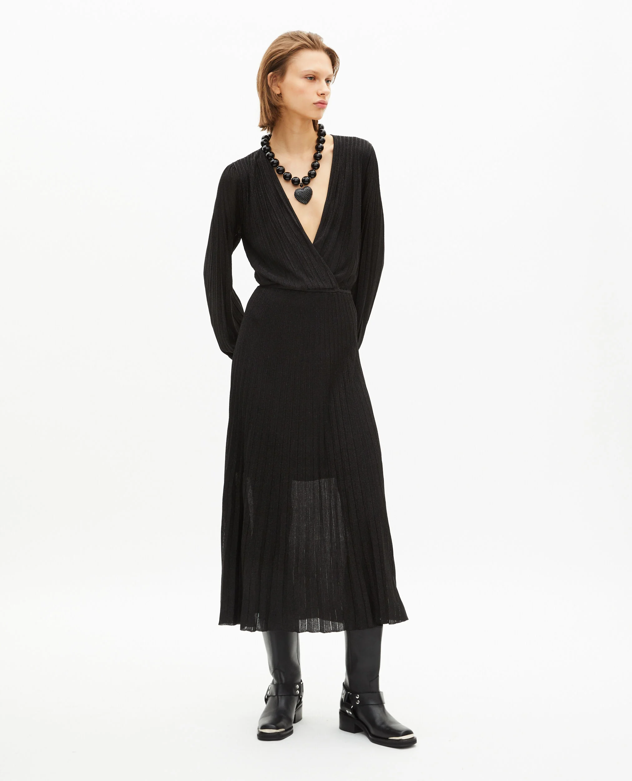 Robe longue plissée en lurex noire