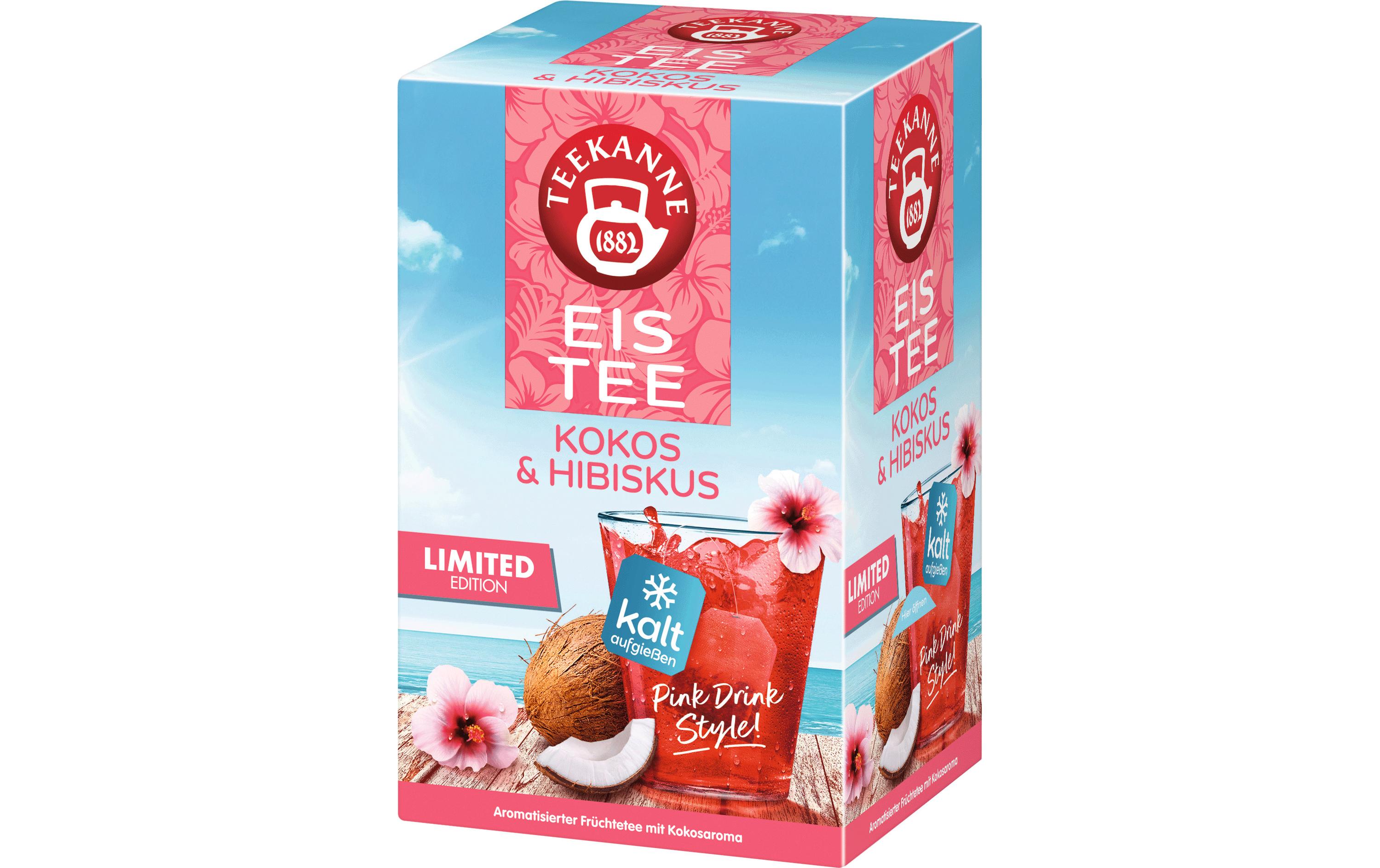 Teebeutel Eis Tee Kokos-Hibiskus 18 StückErfrischender Früchtetee mit Hibiskus, Kokos und Apfel