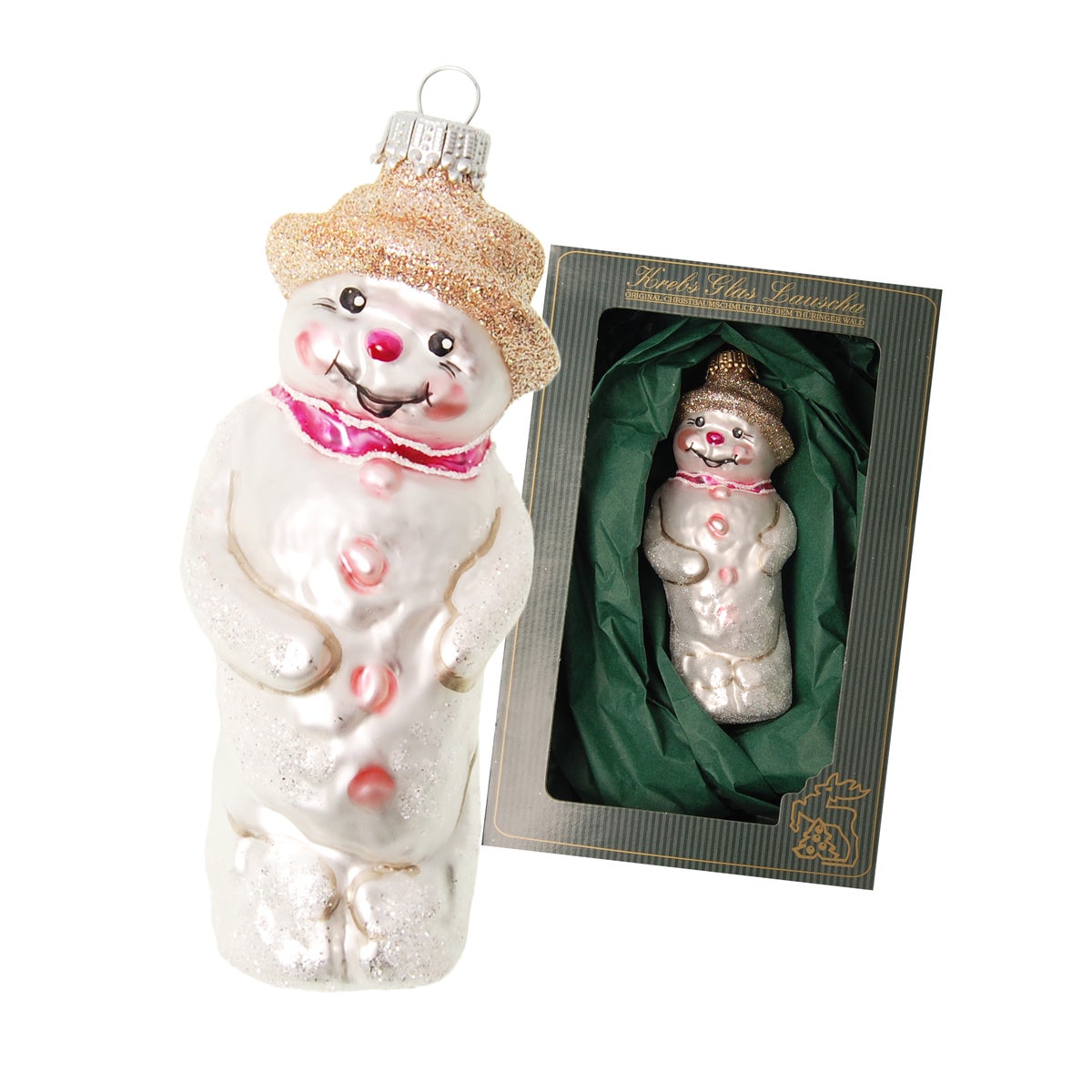 Lichtroze sneeuwpop van 10 cm met gouden hoed, glazen ornament, mondgeblazen en met de hand versierd, 1 stuk, kerstbal, kerstboomversiering, kerstboomversiering