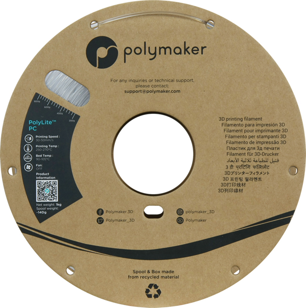 Polymaker  PolyLite PC Transparent, 1,75 mm / 1000 g    Polycarbonat für den Desktop 3D Drucker in Transparent Natur
