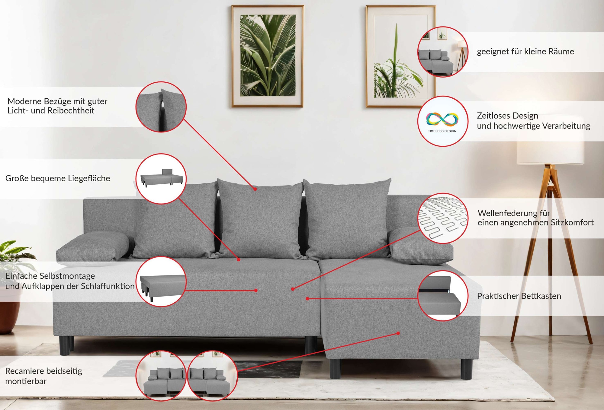 Home affaire Ecksofa »IWALANI, Schlafsofa mit Bettkasten, Recamiere beidseitig montierbar« L-Form, B/T/H 199/135/83 cm, Struktur weich & Velvet