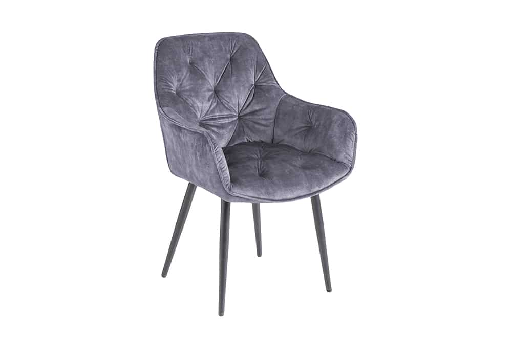Design Stuhl MILANO grau Samt mit Armlehne Ziersteppung gepolstert schwarze Metallbeine