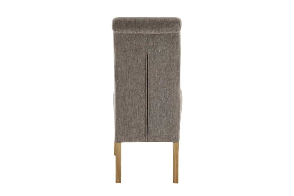 Design Stuhl CASA taupe Strukturstoff Massivholzbeine mit Zierknöpfen und Nackenrolle