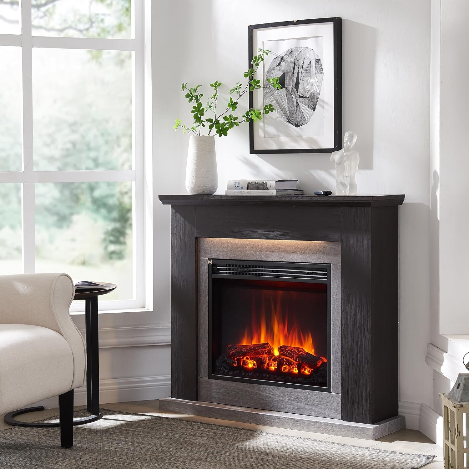 BALDERIA Hektor Elektrokamin - Elektrischer Standkamin mit Heizung 1000/2000 W, realistischer 3D-Flammeneffekt, LED-Beleuchtung, Fernbedienung programmierbar, Timer, Thermostat - Dunkelbraun