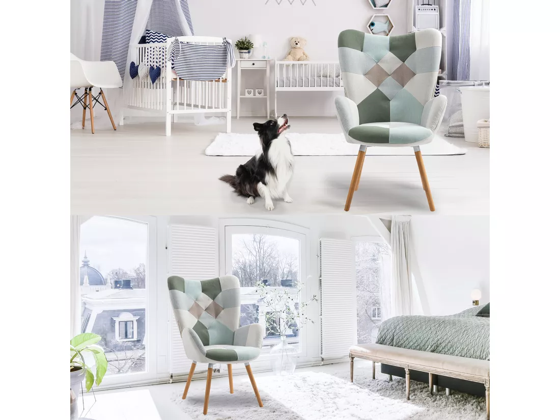 MEUBLES COSY Fauteuil Scandinave Chaise de Canapé de Loisirs pour Salon Salle à Manger Bureau avec Un Revêtement en Tissu, Accoudoirs Rembourés et des Pieds en Bois Massif, Patchwork Vert, 68x50x106cm