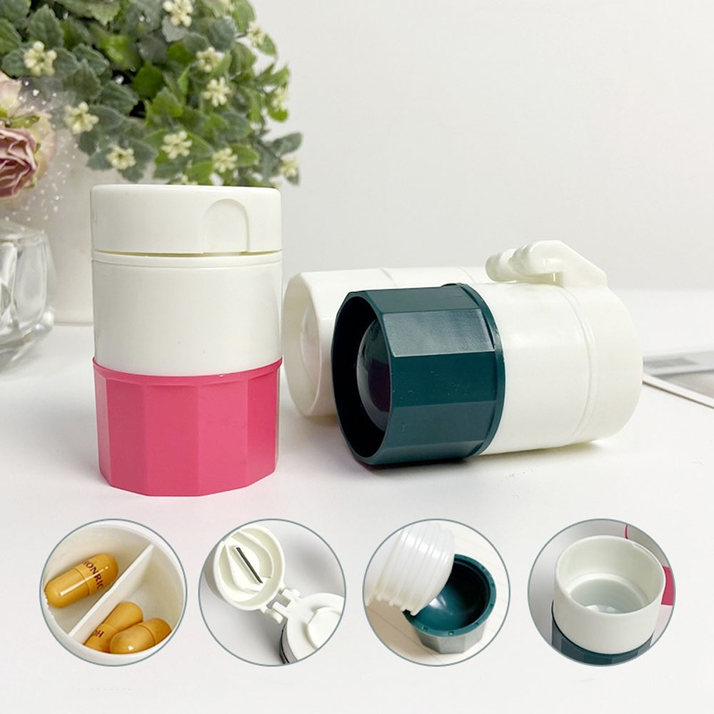 (65x40mm) Tabletten Teiler Mini Medikamenten Schneider mit Aufbewahrungsfach - Weiss / Grün