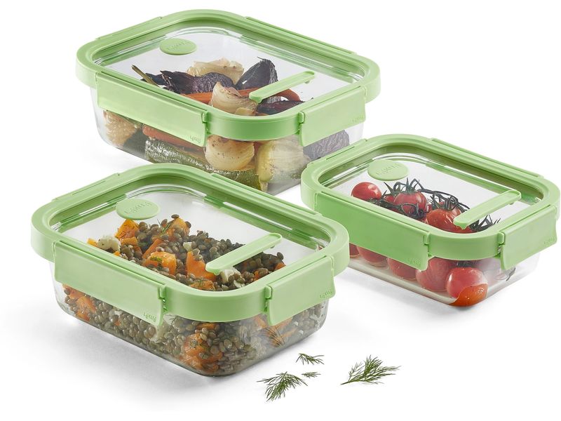 Lékué Vorratsbehälter Set mit Glasdeckel, Grün Set mit 3 rechteckigen, auslaufsicheren Glasbehältern