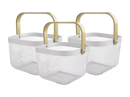 Lot de 3 panier de rangement, corbeille carrée avec anse, panier à mailles métalliques, panier à ustensiles coloris blanc - Longueur 24.5 x Profondeur 24.5 x Hauteur 17.5 cm