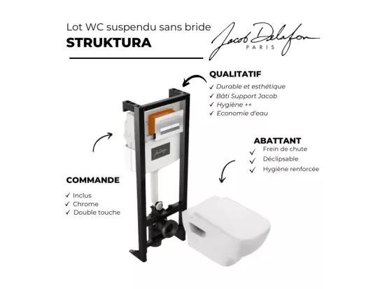 Pack WC suspendu sans bride JACOB DELAFON Struktura + abattant + plaque + bâti + porte-rouleau et porte-balai