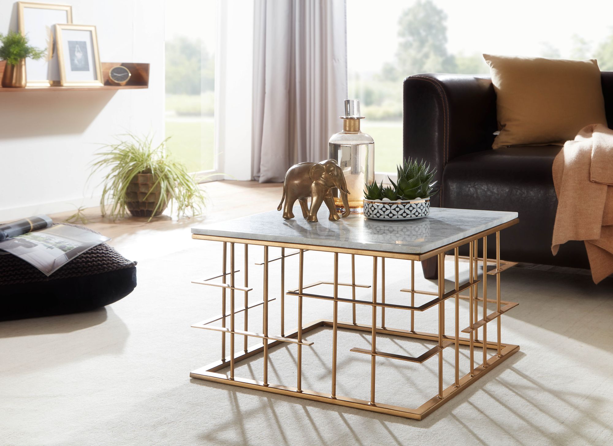 KADIMA DESIGN Marmor Couchtisch Quadrat 55x55 cm Gold Weiß, Edles Marmordesign mit extravaganten Metallgestell