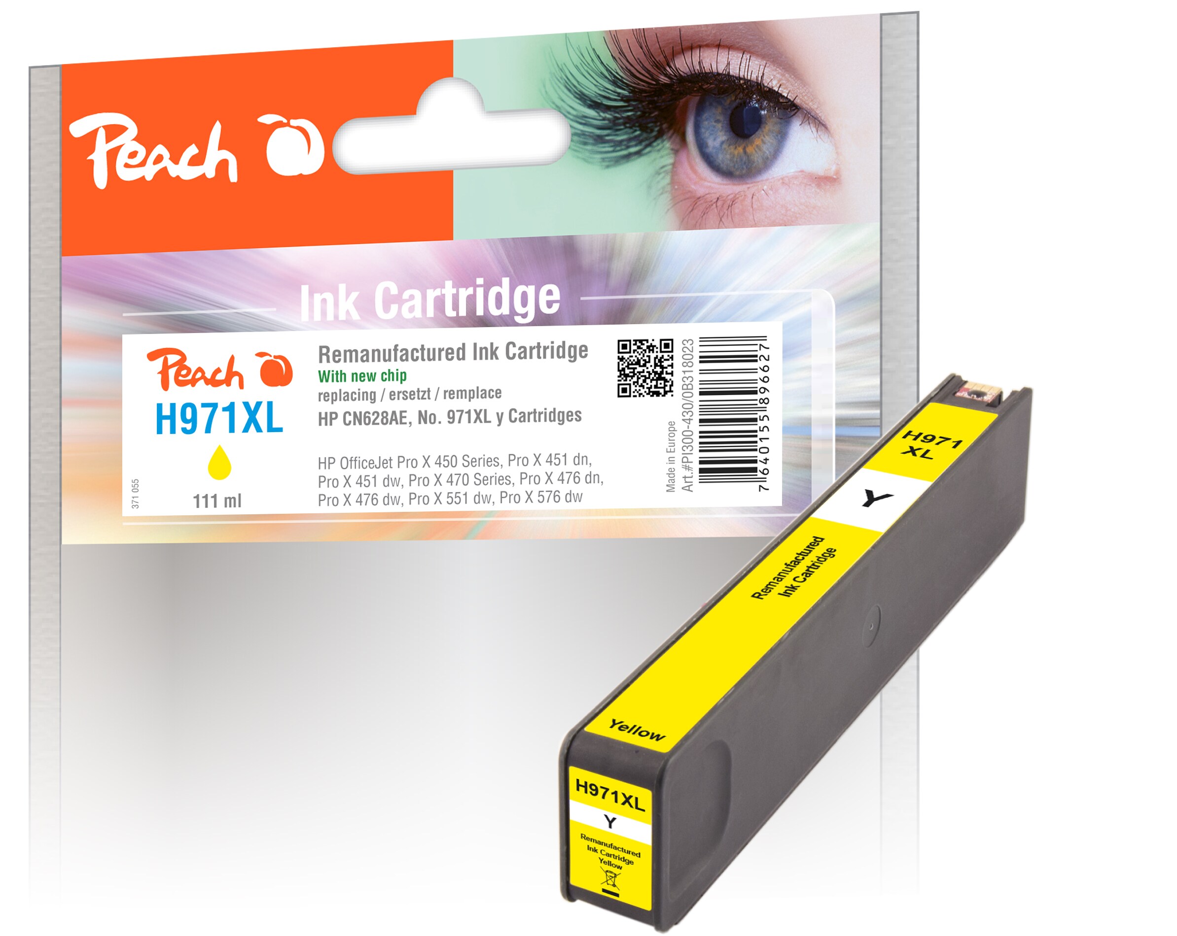 Peach HP 971 XLy Druckerpatrone XL ye ersetzt HP No. 971XL y, CN628A für z.B. HP OfficeJet Pro X 450, HP OfficeJet Pro X 451 dn, HP OfficeJet Pro X 470 (wiederaufbereitet)