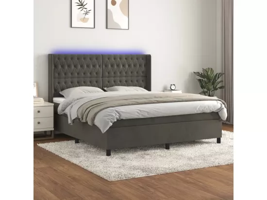 Sommier tapissier matelas et LED Gris foncé 180x200 cm Velours