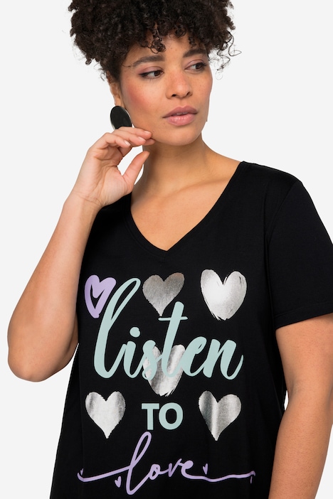 T-Shirt, Straight Fit, Herz-Druck, Halbarm