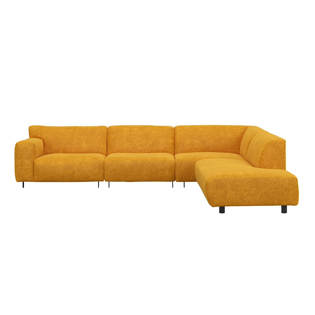 Vesta hjørnesofa 3-seter med åpen ende høyre, Big hjørnemodul, Tekstil Eros Mustard, standardsøm, sort metallben 10 cm, Comfort CM