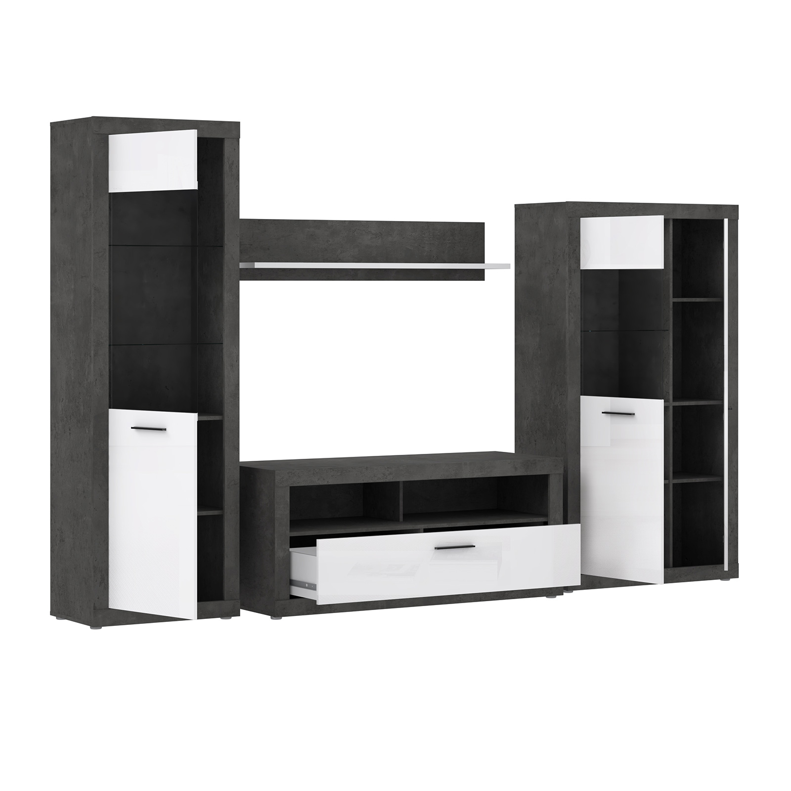 4-teiliges Wohnwand-Set - Betonoptik - weiß - 314 cm breit