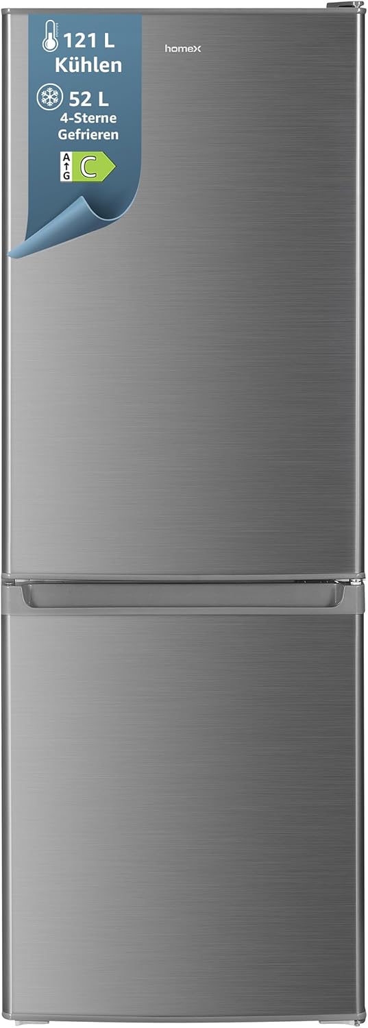 homeX Kühlschrank mit Gefrierfach | Kühl Gefrierkombination freistehend | 173 Liter Nutzinhalt | 4-Sterne Gefrieren | Höhe 142,5 cm | Leise 40 dB | Große Kühlgefrierkombi silber | CFS1110-S