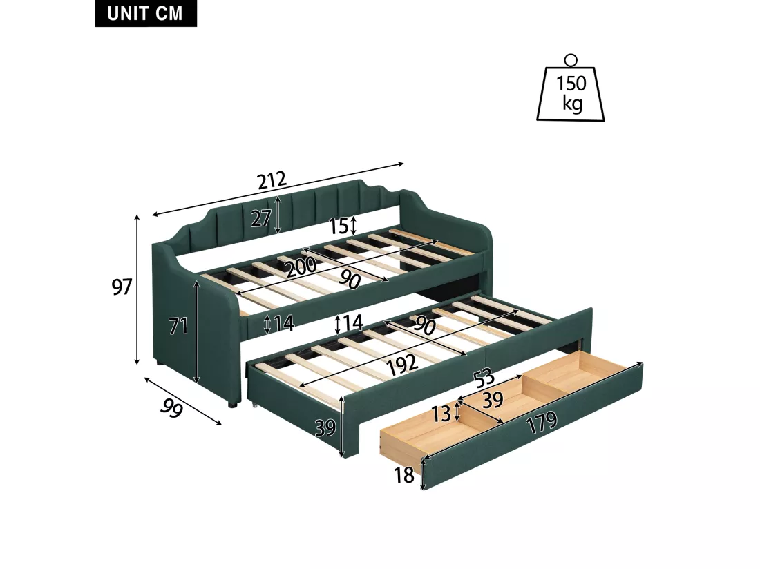 Lit banquette avec tiroirs rembourré en lin - 90x200cm + 90x190cm - Vert Sapin