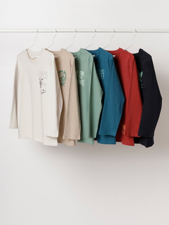 Pacote com 6 camisetas de manga comprida estampadas - Azul Médio