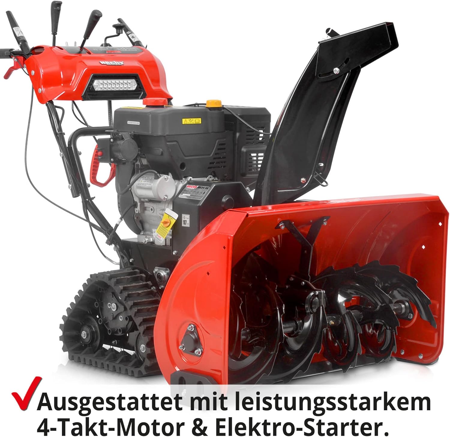 HECHT Schneefräse Benzin – 87 cm Arbeitsbreite – 2-stufig – 51 cm Arbeitshöhe – 15 m Auswurfweite – mit E-Start, Raupenantrieb, 6-Vorwärts- & 2-Rückwärtsgänge, LED-Scheinwerfer, Griffheizung