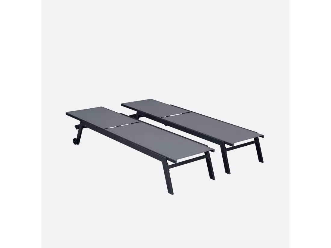 Lot de 2 bains de soleil ELSA en aluminium gris anthracite et textilène gris taupe. transats multi positions avec roulettes