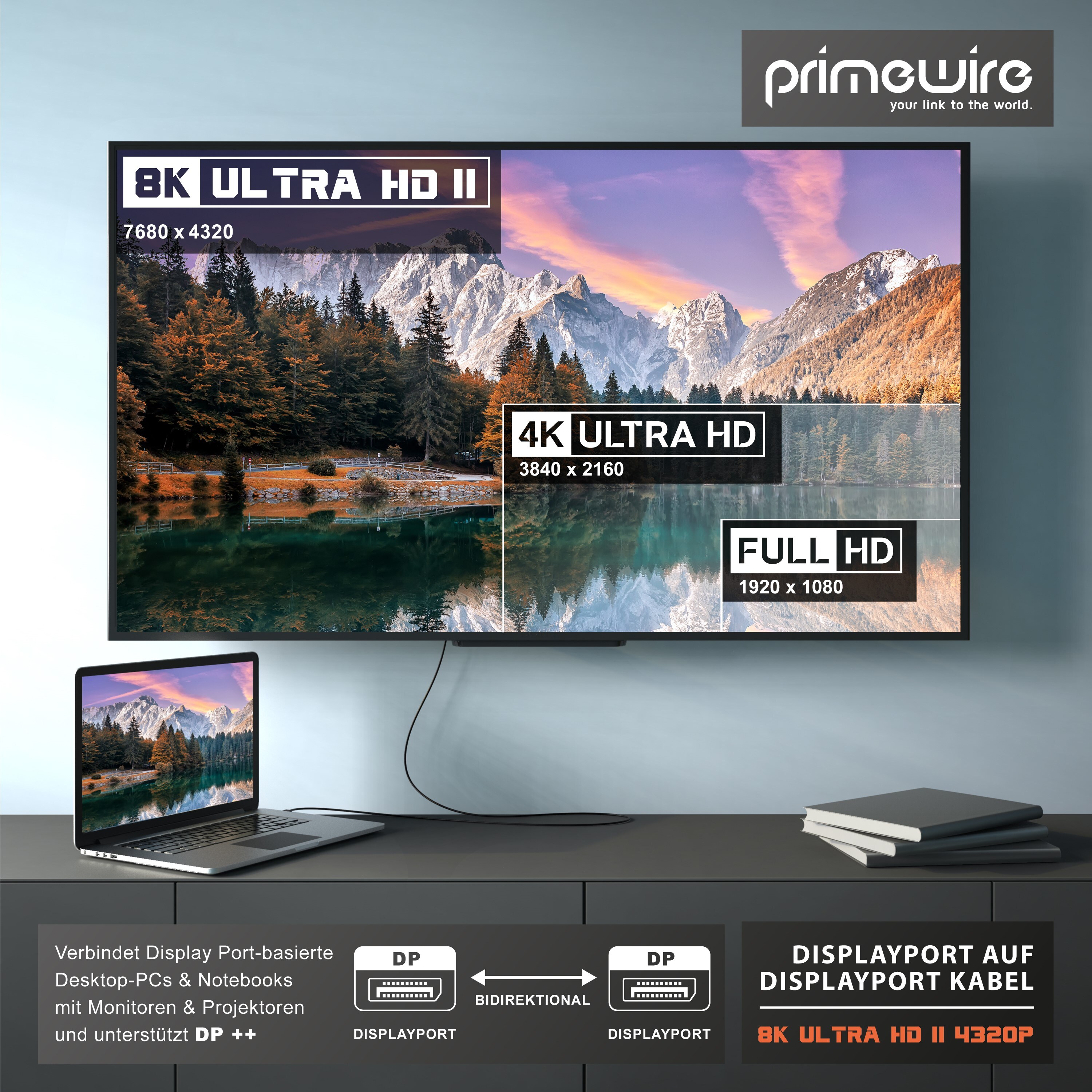Primewire 8K Premium DisplayPort 1.4 Kabel - DP 1.4 - 7680x4320 @ 60 Hz - 1m