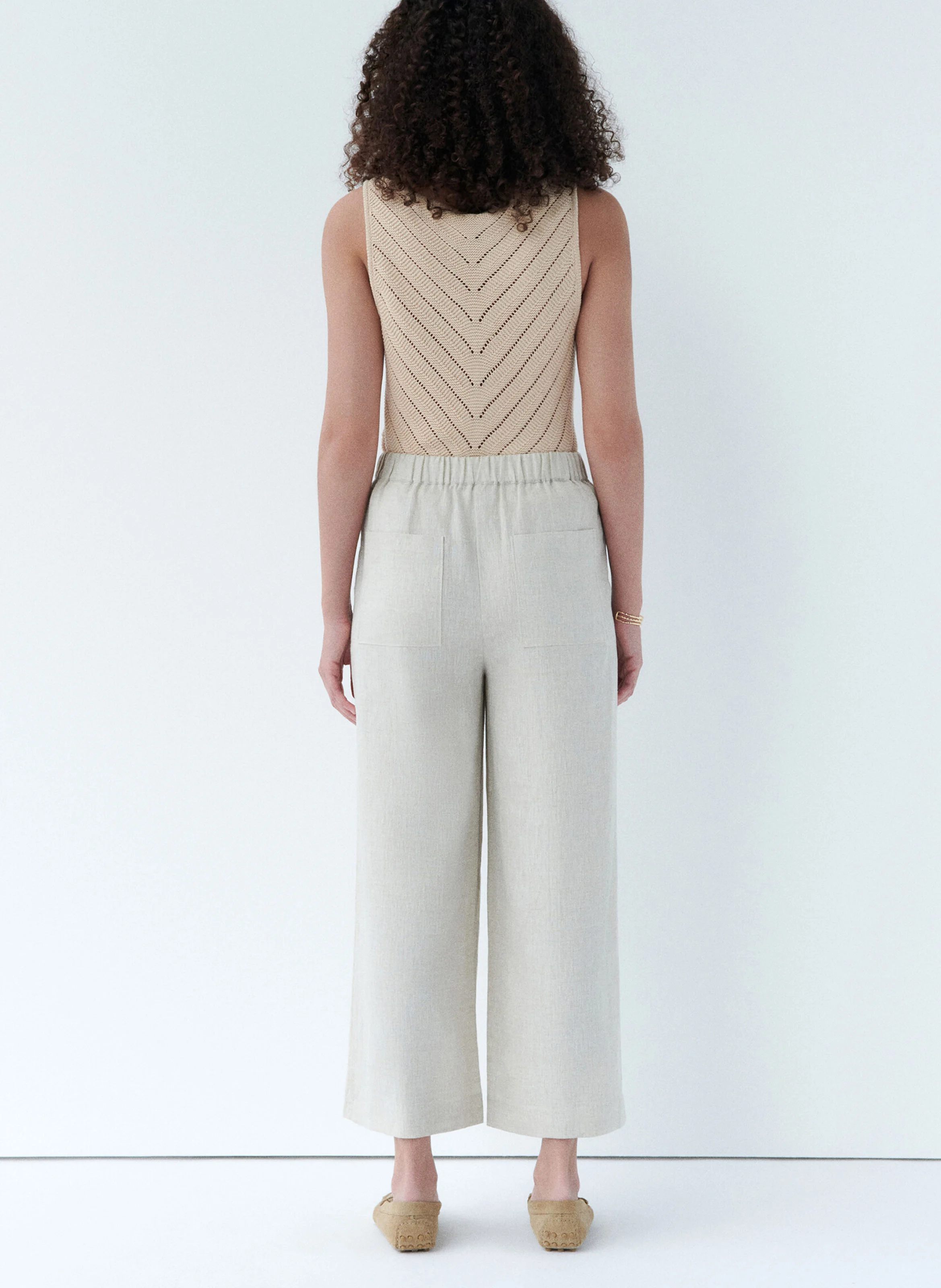 PANDI - Pantalon large taille haute en lin | Beige