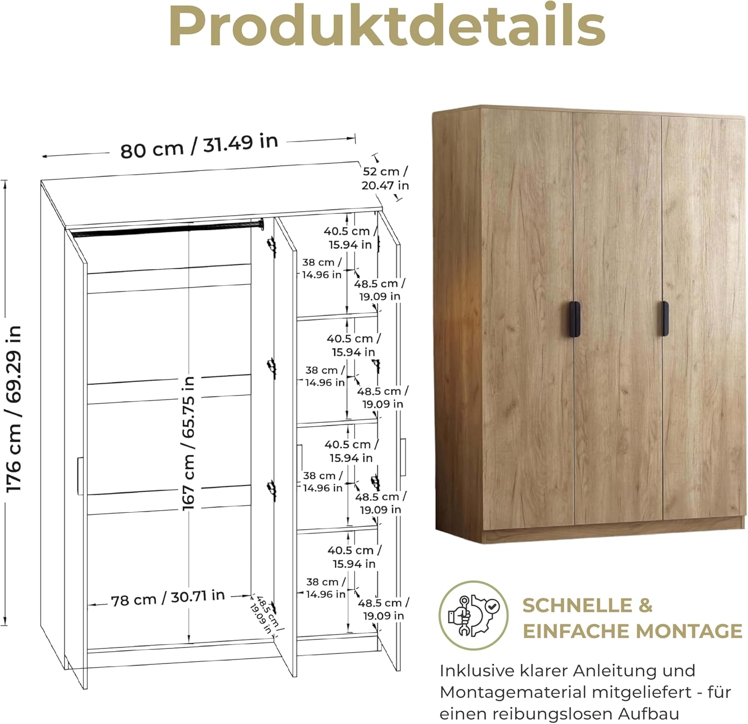[en.casa] Kleiderschrank Eiselfing Schrank mit 3 Türen Garderobenschrank 176 x 120 x 52 cm Schlafzimmerschrank 1 Kleiderstange 4 Fächer Eicheoptik