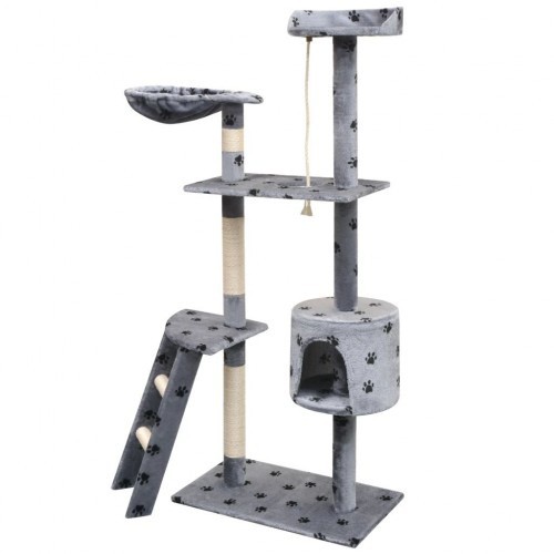 Arranhador para gatos, cinza, com pegadas de patas.