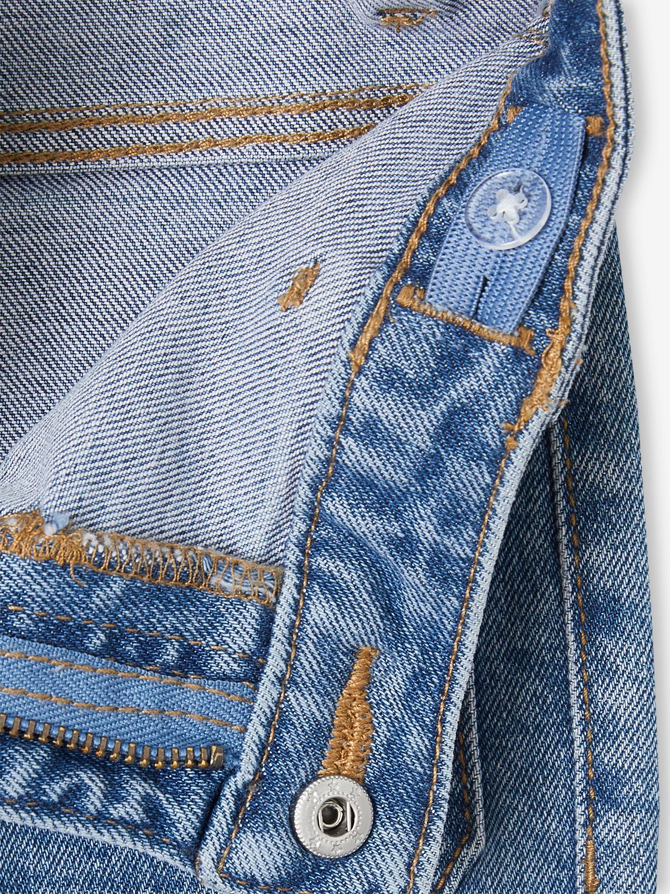 Calça jeans azul boca de sino estilo pirata para meninas
