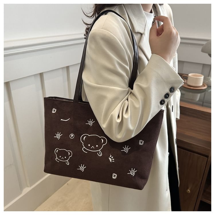 Kleevelind - Tote Bag van imitatiesuède met beerborduursel