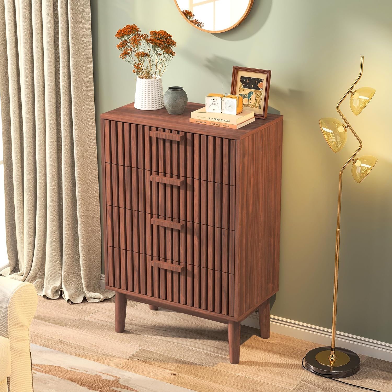Kommode Mit 4 Schubladen，Kommode mit viel Stauraum Komodenschrank Schubladenkommode Flurschrank Holz für Schlafzimmer Wohnzimmer Flur Büro Organizer (Walnussholzfarbe(4 schubladen))