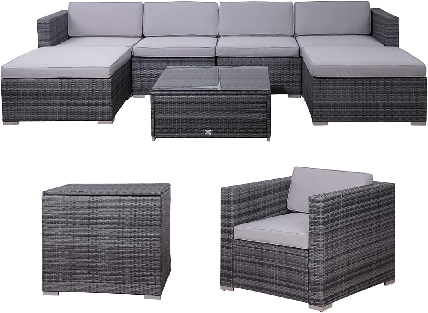 SVITA Lugano XL Polyrattan Lounge Kissenbox Sessel Garten-Set XXL Gartenmöbel Set Gartenlounge Outdoor Lounge Rattan Outdoor Sitzgruppe Grau