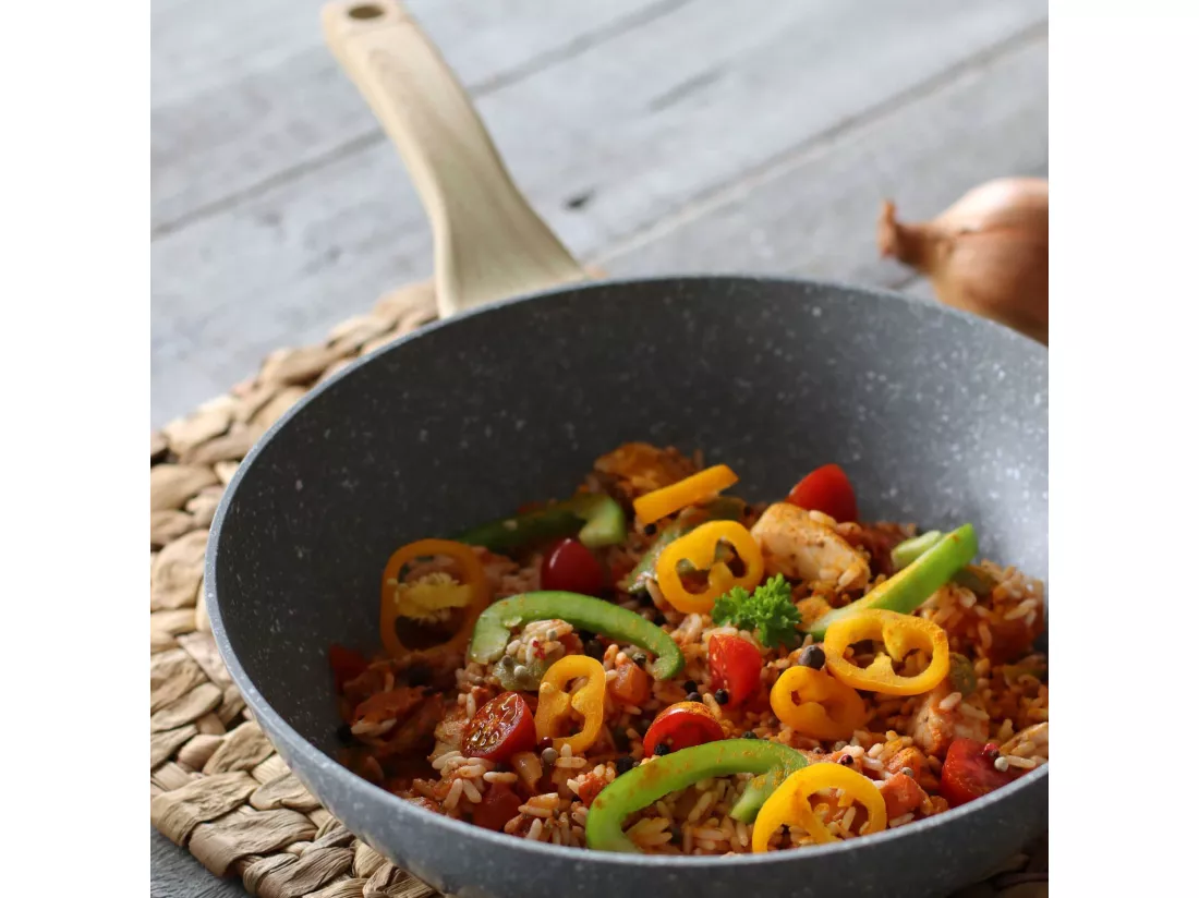 Menastyl - Wok Cannelle 28 Cm Avec Poignees En Bois Clair