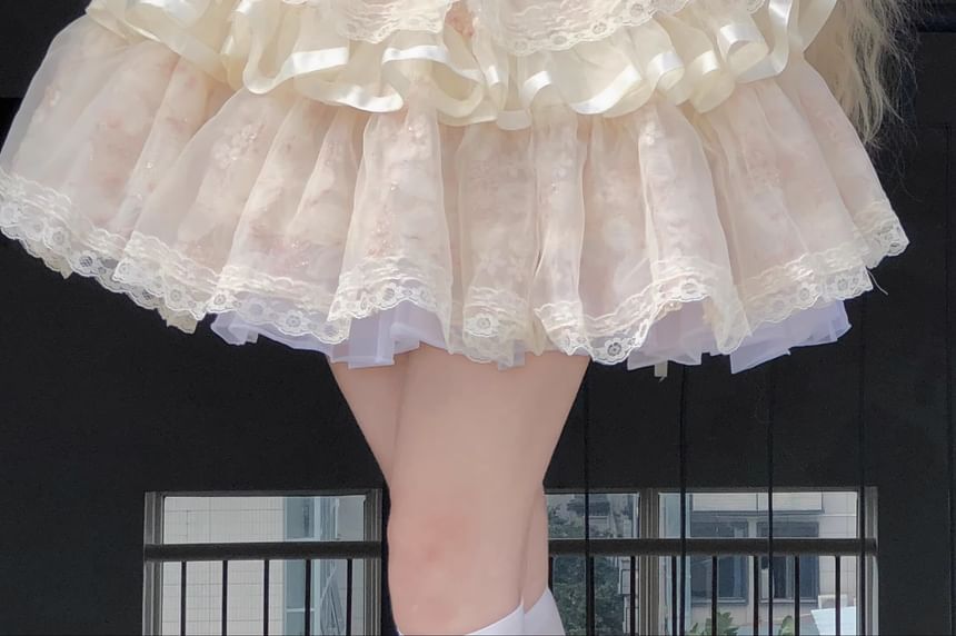Lolita Smile - Spaghettibandjes, kanten paneel, strikaccent, volantrand en gelaagde mini-A-lijn jurk / petticoatrok