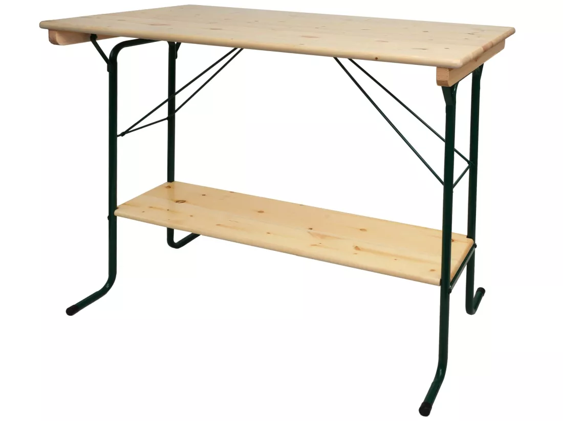 Table haute HWC-L67 - table de brasserie table de tente de bière table de camping - pliable métal pin bois huilé 110x125x70cm